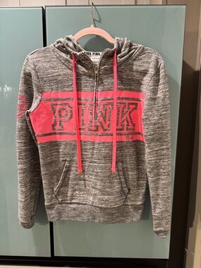 Victoria's Secret PINK Gray Hoodie with Black Logo Trim and Pink Accent